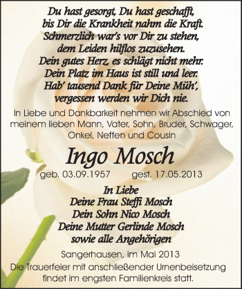 Traueranzeige von Ingo Mosch von Mitteldeutsche Zeitung Sangerhausen