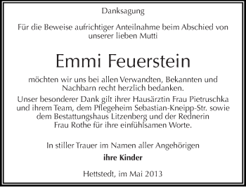 Traueranzeige von Emmi Feuerstein von Mitteldeutsche Zeitung Aschersleben