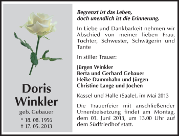 Traueranzeige von Doris Winkler von Mitteldeutsche Zeitung Halle/Saalkreis