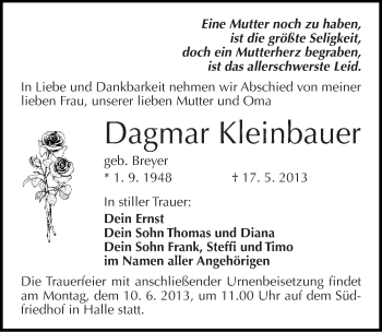 Traueranzeige von Dagmar Kleinbauer von Mitteldeutsche Zeitung Halle/Saalkreis