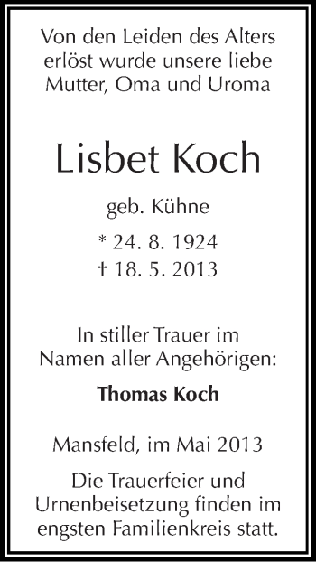Traueranzeige von Lisbet Koch von Mitteldeutsche Zeitung Aschersleben