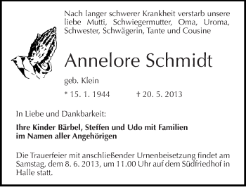 Traueranzeige von Annelore Schmidt von Mitteldeutsche Zeitung Halle/Saalkreis