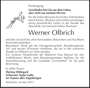 Traueranzeige von Werner Olbrich von Mitteldeutsche Zeitung Merseburg/Querfurt