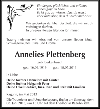 Traueranzeige von Annelies Plettenberg von Mitteldeutsche Zeitung Bitterfeld