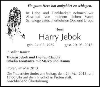 Traueranzeige von Harry Jebok von Mitteldeutsche Zeitung Zeitz