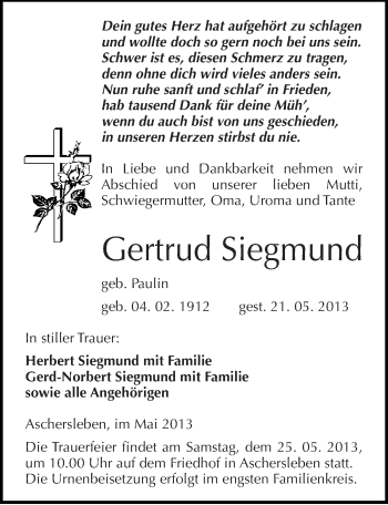 Traueranzeige von Gertrud Siegmund von Mitteldeutsche Zeitung Aschersleben