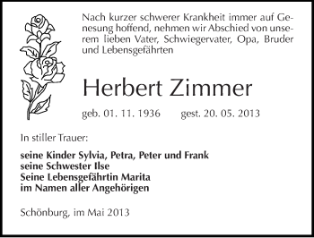 Traueranzeige von Herbert Zimmer von Mitteldeutsche Zeitung Naumburg/Nebra