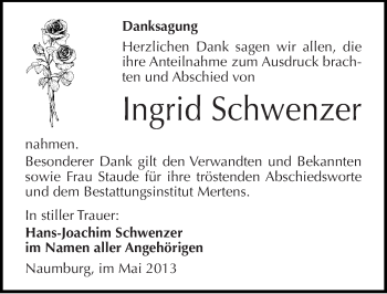 Traueranzeige von Ingrid Schwenzer von Mitteldeutsche Zeitung Naumburg/Nebra