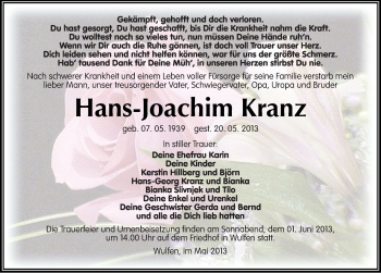 Traueranzeige von Hans-Joachim Kranz von Mitteldeutsche Zeitung Köthen