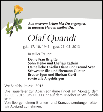 Traueranzeige von Olaf Quandt von Mitteldeutsche Zeitung Weißenfels