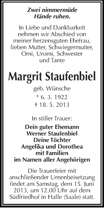 Traueranzeige von Margrit Staufenbiel von Mitteldeutsche Zeitung Halle/Saalkreis
