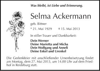Traueranzeige von Selma Ackermann von Mitteldeutsche Zeitung Halle/Saalkreis