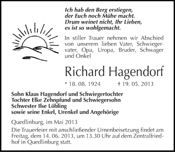 Traueranzeige von Richard Hagendorf von Mitteldeutsche Zeitung Quedlinburg