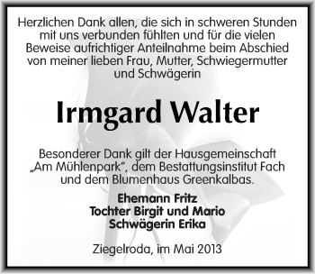 Traueranzeige von Irmgard Walter von Mitteldeutsche Zeitung Merseburg/Querfurt