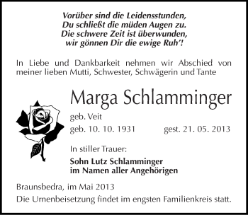 Traueranzeige von Marga Schlamminger von Mitteldeutsche Zeitung Merseburg/Querfurt