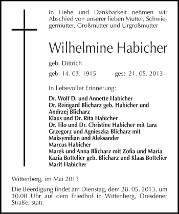 Traueranzeige von Wilhelmine Habicher von Mitteldeutsche Zeitung Wittenberg