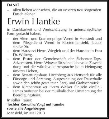 Traueranzeige von Erwin Hantke von Mitteldeutsche Zeitung Aschersleben