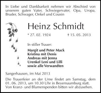 Traueranzeige von Heinz Schmidt von Mitteldeutsche Zeitung Sangerhausen