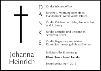 Traueranzeige von Johanna Heinrich von Mitteldeutsche Zeitung Merseburg/Querfurt