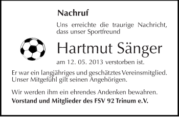 Traueranzeige von Hartmut Sänger von Mitteldeutsche Zeitung Köthen
