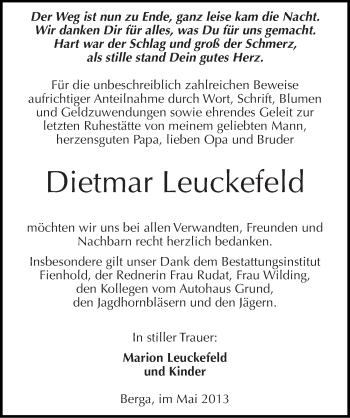 Traueranzeige von Dietmar Leuckefeld von Mitteldeutsche Zeitung Sangerhausen