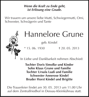 Traueranzeige von Hannelore Grune von Mitteldeutsche Zeitung Dessau-Roßlau