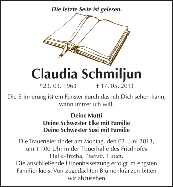 Traueranzeige von Claudia Schmiljun von Mitteldeutsche Zeitung Halle/Saalkreis
