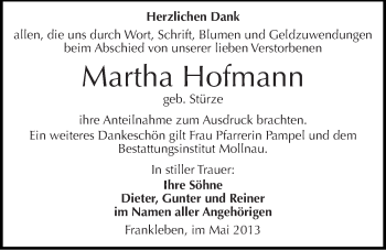 Traueranzeige von Martha Hofmann von Mitteldeutsche Zeitung Merseburg/Querfurt