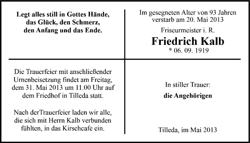  Traueranzeige für Friedrich Kalb vom 24.05.2013 aus Mitteldeutsche Zeitung Sangerhausen