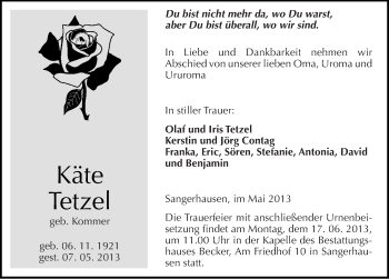 Traueranzeige von Käte Tetzel von Mitteldeutsche Zeitung Sangerhausen