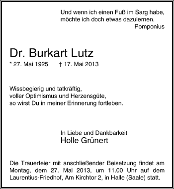 Traueranzeige von Burkart Lutz von Mitteldeutsche Zeitung Halle/Saalkreis