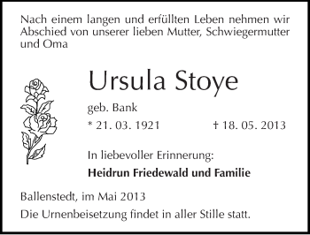Traueranzeige von Ursula Stoye von Mitteldeutsche Zeitung Quedlinburg