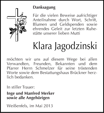 Traueranzeige von Klara Jagodzinski von Mitteldeutsche Zeitung Weißenfels