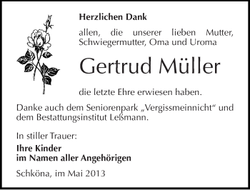 Traueranzeige von Gertrud Müller von Mitteldeutsche Zeitung Wittenberg