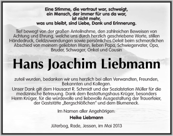 Traueranzeige von Hans Joachim Liebmann von Mitteldeutsche Zeitung Wittenberg