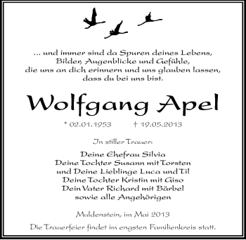 Traueranzeige von Wolfgang Apel von Mitteldeutsche Zeitung Bitterfeld