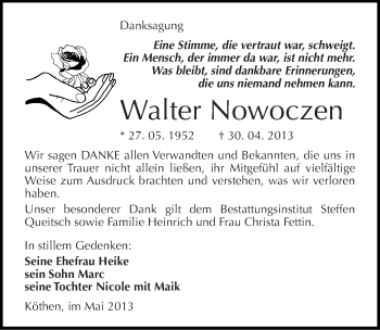 Traueranzeige von Walter Nowoczen von Mitteldeutsche Zeitung Köthen