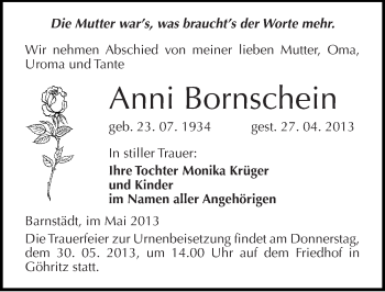 Traueranzeige von Anni Bornschein von Mitteldeutsche Zeitung Merseburg/Querfurt