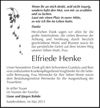 Traueranzeige von Elfriede Henke von Mitteldeutsche Zeitung Aschersleben