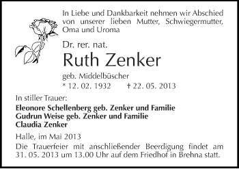 Traueranzeige von Ruth Zenker von Mitteldeutsche Zeitung Halle/Saalkreis