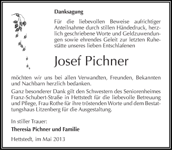 Traueranzeige von Josef Pichner von Mitteldeutsche Zeitung Aschersleben