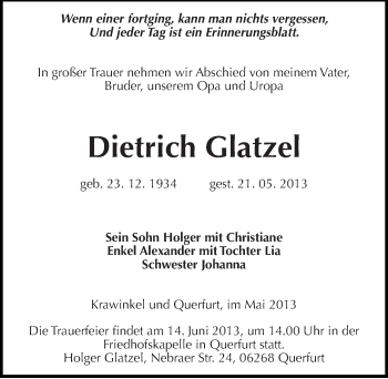 Traueranzeige von Dietrich Glatzel von Mitteldeutsche Zeitung