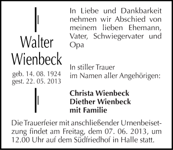 Traueranzeige von Walter Wienbeck von Mitteldeutsche Zeitung Halle/Saalkreis