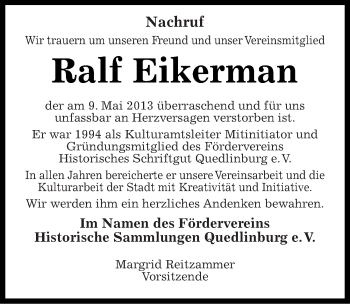 Traueranzeige von Ralf Eikerman von Mitteldeutsche Zeitung Quedlinburg