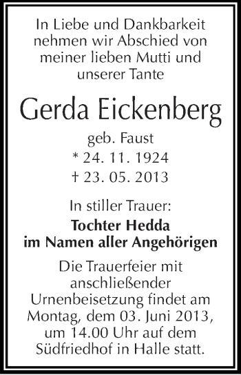 Traueranzeige von Gerda Eickenberg von Mitteldeutsche Zeitung Halle/Saalkreis
