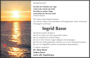 Traueranzeige von Ingrid Basse von Mitteldeutsche Zeitung Quedlinburg