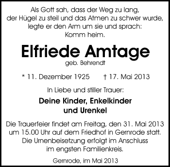 Traueranzeige von Elfriede Amtage von Mitteldeutsche Zeitung Quedlinburg