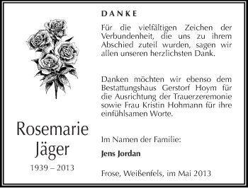 Traueranzeige von Rosemarie Jäger von Mitteldeutsche Zeitung Weißenfels