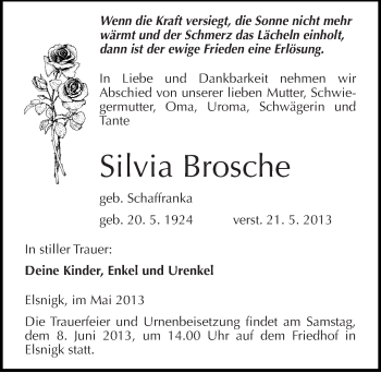 Traueranzeige von Silvia Brosche von Mitteldeutsche Zeitung Köthen