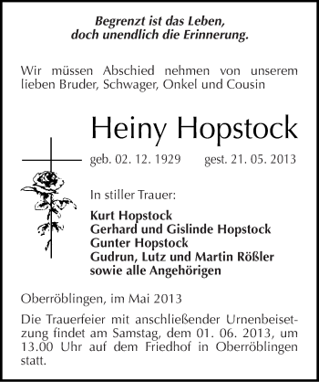 Traueranzeige von Heiny Hopstock von Mitteldeutsche Zeitung Sangerhausen